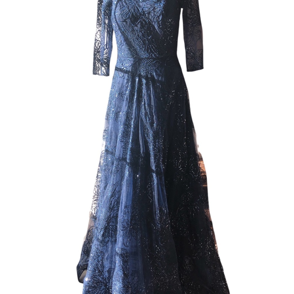 La Femme Midnight Blue Lace Long Sleeve Gown
